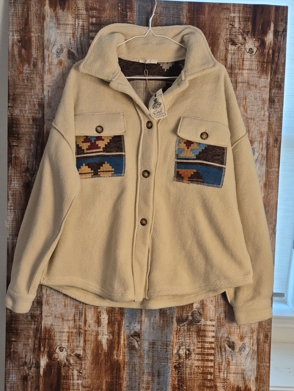 Cream Sherpa Button-Up Puffer Jacket with Southwestern Pocket Detail